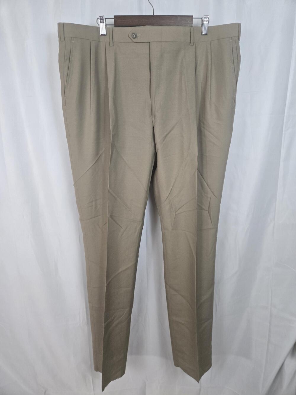 Berle Dress Pants Mens 42x35 Beige Wool Blend Pleated Unhemmed Slacks Made USA